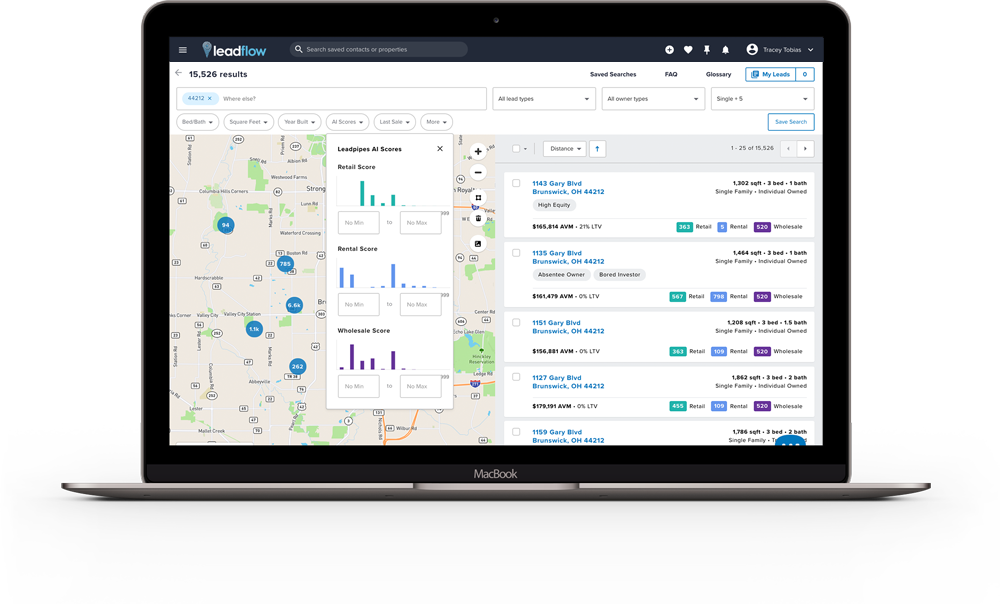 Realeflow Leadpipes AI map with retail, rental, and wholesale lead scores.