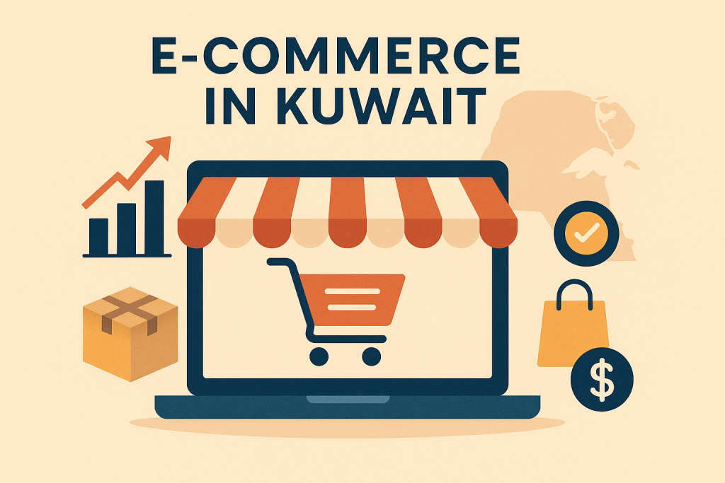 Illustration showing Kuwait’s e-commerce growth with charts, delivery icons, and a laptop screen representing online shopping trends in 2025.